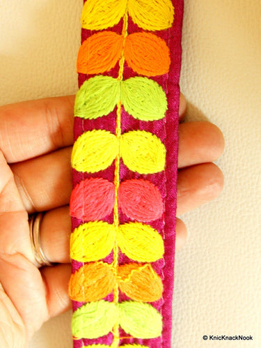 Wholesale Fuchsia Pink Fabric Trim With Pink, Yellow, Orange And Green Embroidery